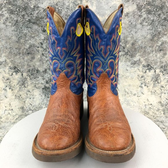 BOULET Men's 11.5 E Brown Blue Leather Embroidered Western Cowboy Boots Canada - Picture 2 of 14